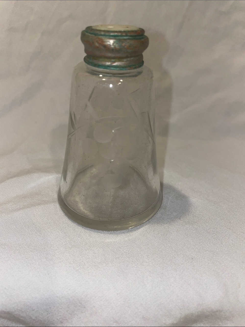 Vintage Clear Etched Glass Shaker with Mother of Pearl Patina Metal Top